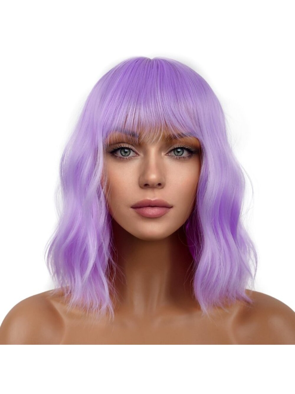 Women's Purple Shoulder Length Synthetic Loose Wavy Short Bob Wigs Bangs